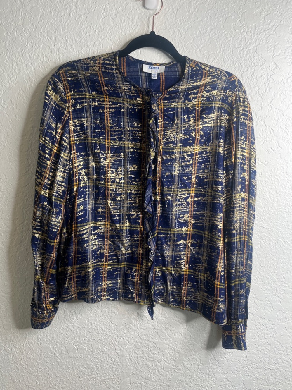 Koch Metallic Plaid Ruffle Button Front Blouse Sz XS
